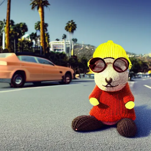 Prompt: a photorealistic photograph of a knitted cute Capybara wearing sunglasses and dressed in a beanie cap. The subject is riding on a motorcycle in Hollywood at dusk. Palm trees in the background. This 4K HD image is Trending on Artstation, featured on Behance, well-rendered, extra crisp, features intricate detail and the style of Unreal Engine.