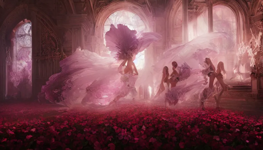 Image similar to victoria secret runway show, light, shadows, reflections, flowers, epic composition, intricate, elegant, volumetric lighting, digital painting, highly detailed, artstation, sharp focus, illustration, concept art, ruan jia, steve mccurry, greg rutkowski, mina petrovic, timothy kong, marina federovna, concept art, iconic