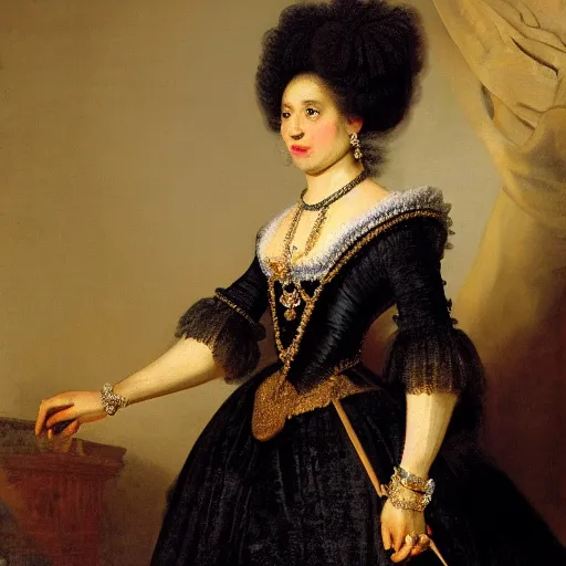 Prompt: french - black - royalty princess as part of the 1 8 th century aristocracy, looking regal and classic, painted by rembrandt