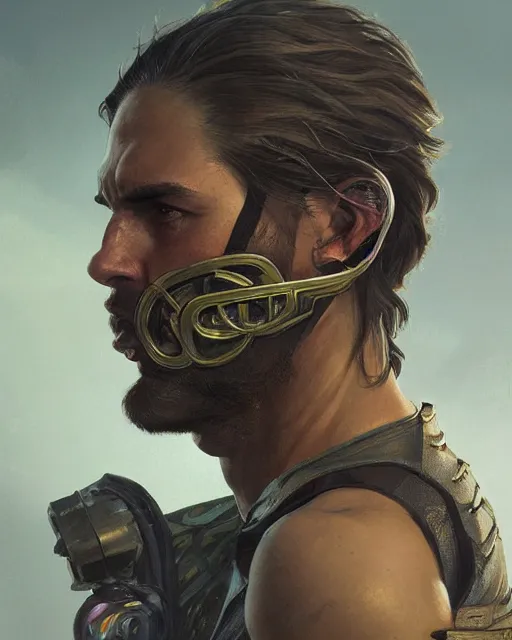 Prompt: '' Face portrait of a handsome fighter, reptile skin, reptile eyes, long hair with a ponytail , sci-fy, cyberpunk, high detail, 4k , digital painting, artstation, concept art, sharp focus, illustration, art by greg rutkowski and alphonse mucha ''