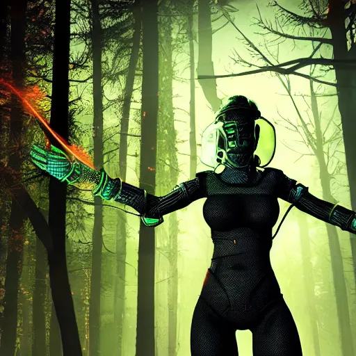 Image similar to A girl in fishnet stockings and power armor stands against the background of a radioactive forest, graphics, fallout 4 render, 3d computer render, maximum details, rain, night, spotlight,