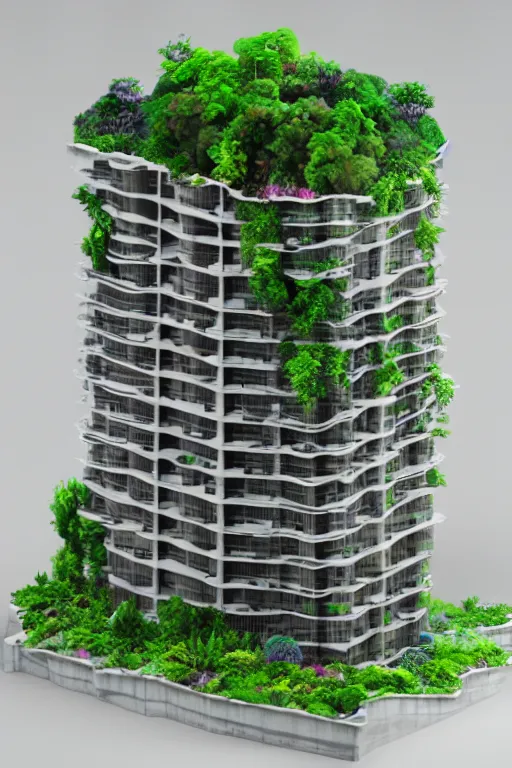 Image similar to 3 d printed physical model organic flowy including more than one city into one vertical building model that sits on a table in a room with a view back, multiple stories, transparent, with vegetation, colorful, eye - level view, 8 0 k, octane render, highly detailed 3 d render,