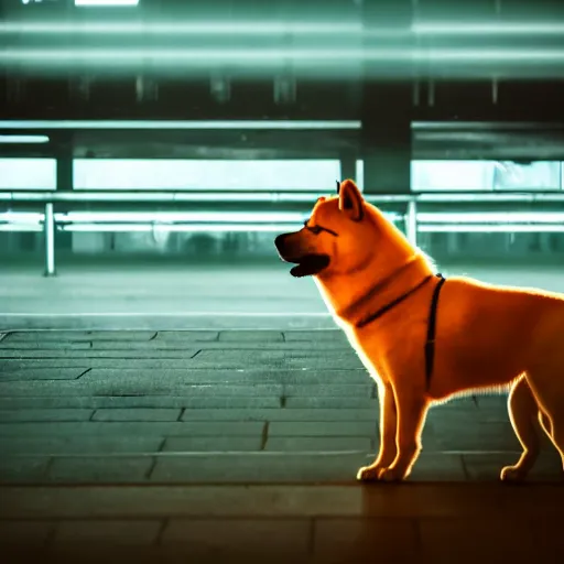 Prompt: high detail photo of a akita inu dog waiting alone at an empty foggy train station, orange glowing fog, desolate, atmospheric, hazy, 8k, reflections