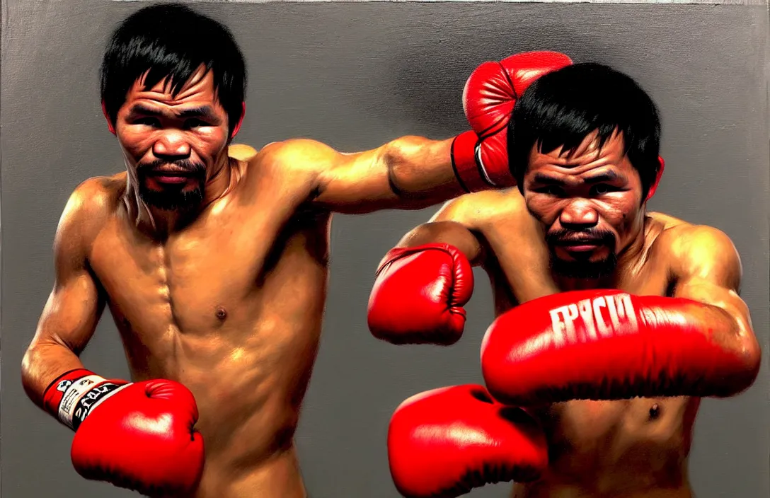 Prompt: portrait of manny pacquiao with red boxing gloves!!!!!!!!!!!!!!!!!!!!!!!!!!!, detailed face, detailed painting, epic lighting, by ilya repin, phil hale and kent williams