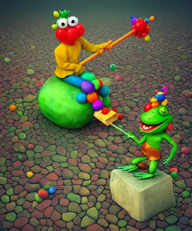 Image similar to clown frog king pulls the sword from the stone, clown frog king wearing clown makeup and rainbow wig, clown crown artwork by Todd Schorr, 3D rendering by Beeple