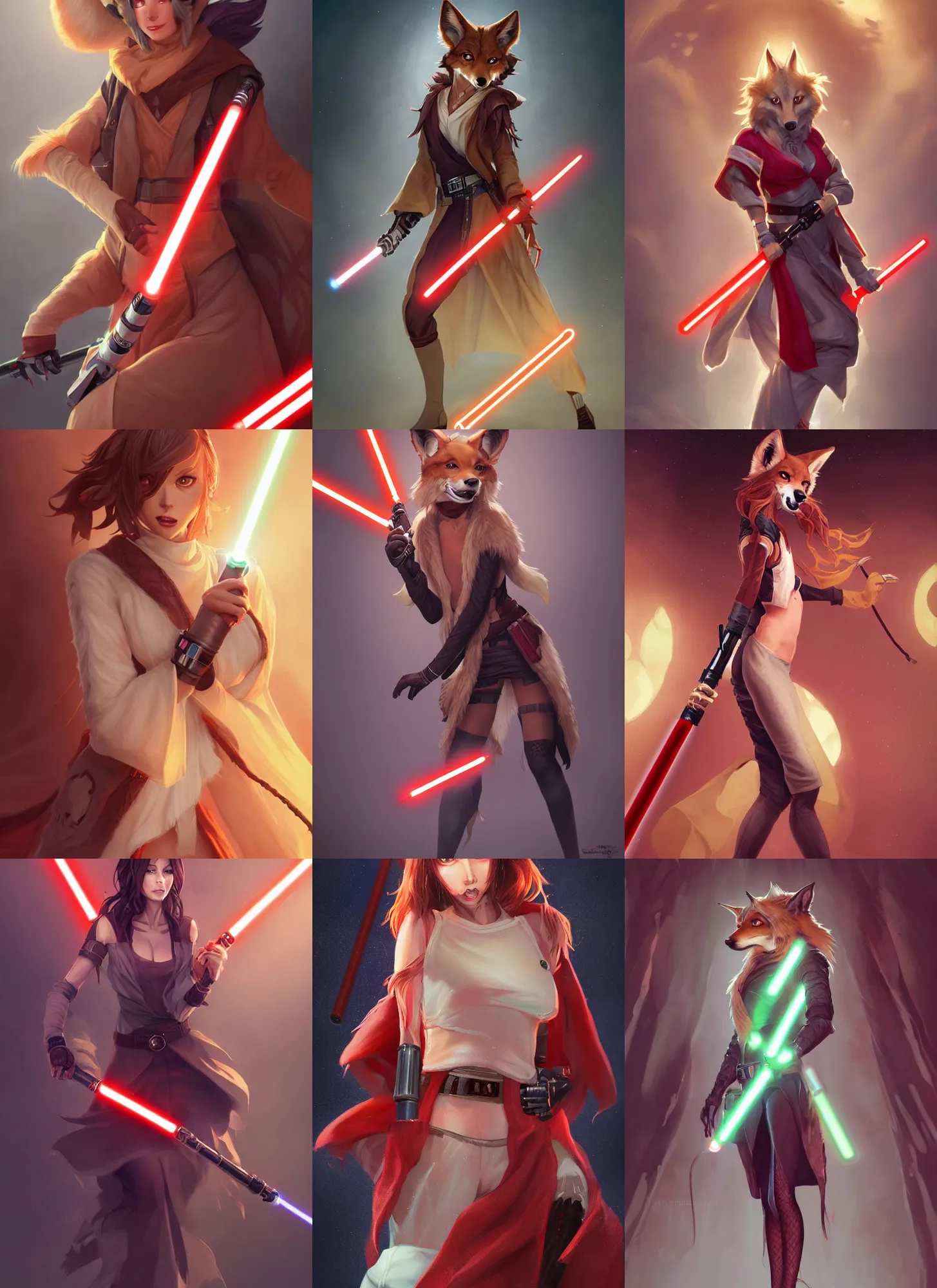Prompt: beautiful portrait of a female anthropomorphic coyote fursona wearing sexy jedi robes with fishnets wielding a red lightsaber. character design by charlie bowater, ross tran, artgerm, and makoto shinkai, detailed, soft lighting, rendered in octane