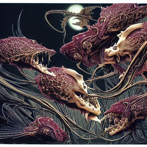 Image similar to vampire fishes, catelvania, by yoichi hatakenaka, masamune shirow, josan gonzales and dan mumford, ayami kojima, takato yamamoto, barclay shaw, karol bak