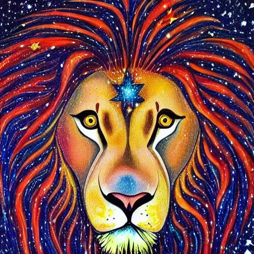 Prompt: a lion made out of stars, shiny eyes, beautiful, centered, artistic painting, detailed, realistic,