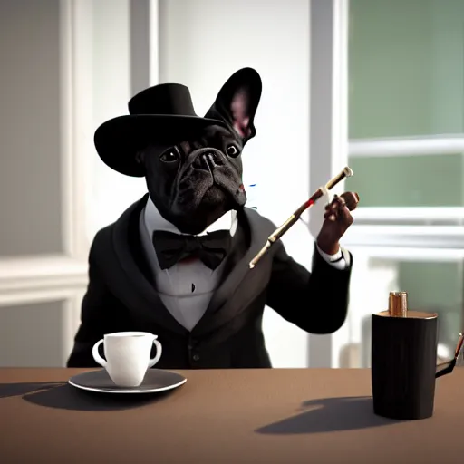 Prompt: a portrait picture of a black french bulldog wearing a dinner jacket wearing a bowler hat and reading glasses, smoking a pipe sitting at a table at a french cafe octane render unreal engine 5 4 k symmetric