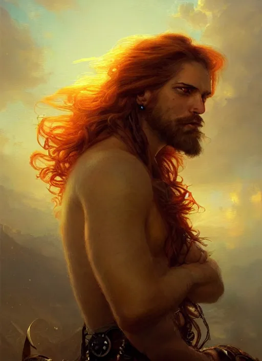 Image similar to portrait painting of a handsome rugged long hair crimson hair male pirate, soft hair steampunk ornate zeppelin in the sky sunset golden hour art by greg rutkowski gaston bussiere fantasy soft hair trending on artstation deviantart book cover art concept art key art dramatic volumetric lighting, 4 k, award winning