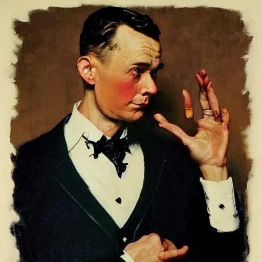 Image similar to Front portrait of a dashing man throwing gang signs. Painting by Norman Rockwell.