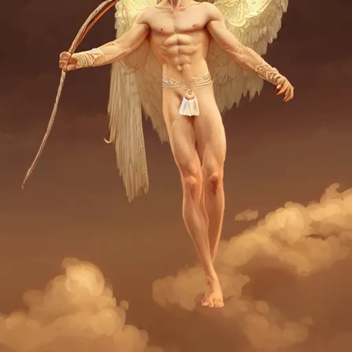Prompt: panoramic view, beautiful natural male ginger angel wearing a white loincloth, intricate, elegant, highly detailed, digital painting, artstation, concept art, smooth, sharp focus, illustration, art by artgerm and greg rutkowski and alphonse mucha and loish and WLOP