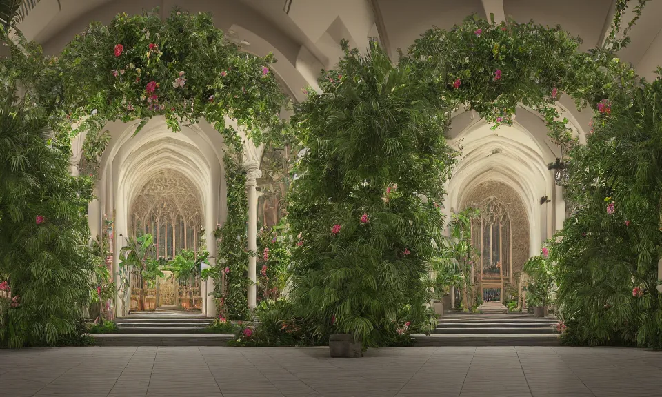 Image similar to cathedral interior with koi pond in the middle surrounded by palm trees, ivy, flowers, tropical plants, roses, and with archways. rendered in octane render with photorealistic lighting