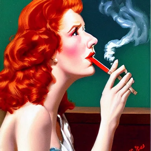 Image similar to Redhead smoking a cigarette, pulp art, portrait, illustration by Vic Prezio and George Gross