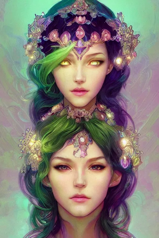 Image similar to flourescent portrait of jewel elf oracle physically accurate, moody dynamic lighting, very very intricate, very very elegant, highly detailed, concept art, smooth, very beautiful, sharp focus, illustration, art by Rob Lefield and Dan Mumfordand artgerm and greg rutkowski and alphonse mucha digital painting, artstation, trending on artstation, digital art,surrealism ,macro,blueprint ,vaporwave ,