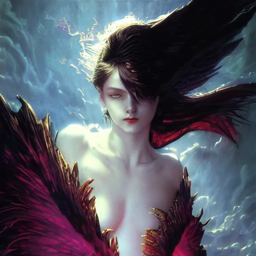 Image similar to young vampire princess witch summons with burning wings 4 k high definition dramatic lighting artstation trending path traced contrast light and dark cinematic breathtaking by gustave dore, noriyoshi ohrai and patrick woodroffe