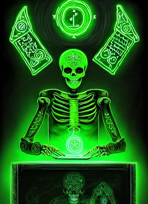 Image similar to portrait of ancient skeleton writing runes into personal computer with glowing green keys, runes, runic words, ancient evil letters, glowing green, intricate, elegant, glowing lights, highly detailed, digital painting, artstation, concept art, smooth, sharp focus, illustration, art by wlop, mars ravelo and greg rutkowski