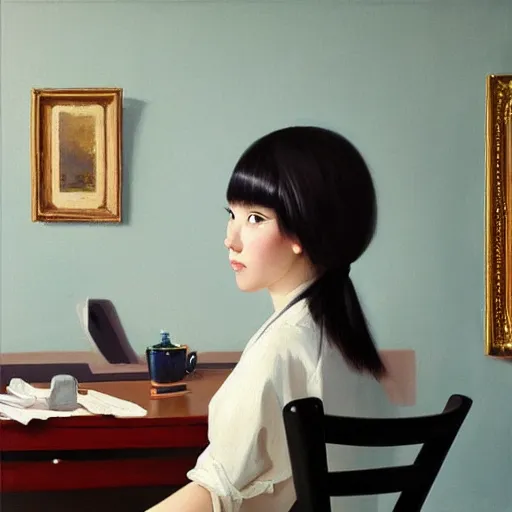 Image similar to oil painting by ilya kuvshinov, rhads, coby whitmore, of a youthful japanese beauty, long hair, sitting on antique chair leaning against a desk, victorian room