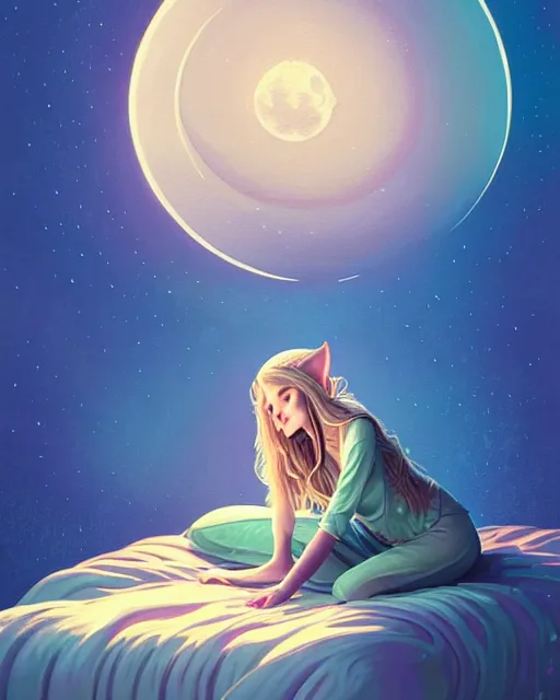 Image similar to beautiful painting of a elven sleeping on her bed with a smiling moon over her, art by mike winkelmann and by petros afshar, sky night, illustration, highly detailed, simple, smooth and clean vector curves, no jagged lines, vector art, smooth, artstation