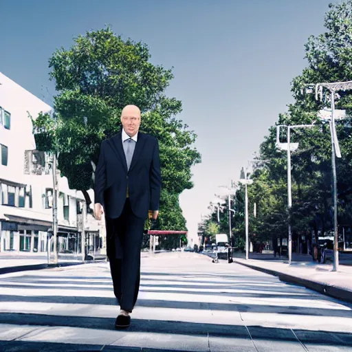 Image similar to a giant middle aged balding blue eyed white man dressed in a white shirt, gray pants and black dress shoes walking in a miniature city