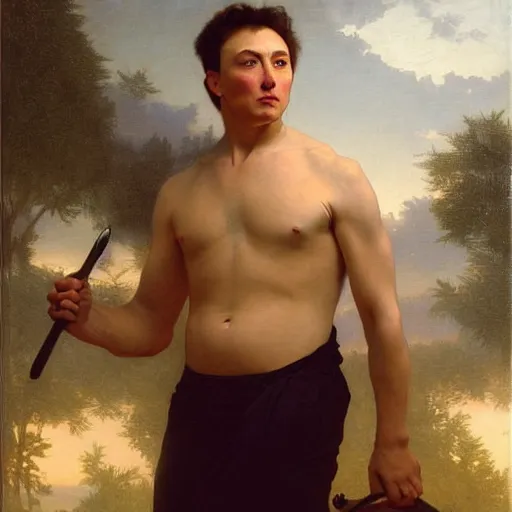 Image similar to Painting of muscular Elon Musk. Art by william adolphe bouguereau. During golden hour. Extremely detailed. Beautiful. 4K. Award winning.