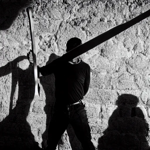 Prompt: award winning cinematic still of 40 year old Mediterannean skinned man building a wall in Jerusalem, holding a sword and a chisel, dramatic lighting, strong shadows, directed by Steven Spielberg