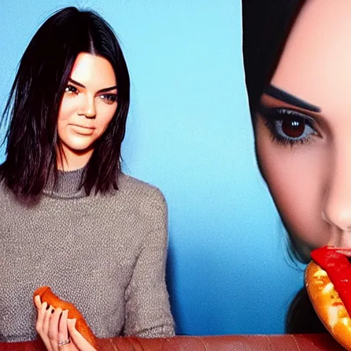 Prompt: “Kendall Jenner eating a humongous hotdog, inserting it into her mouth and staring intently at the camera”