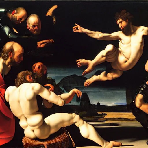 Image similar to the creation of adam by caravaggio with robots