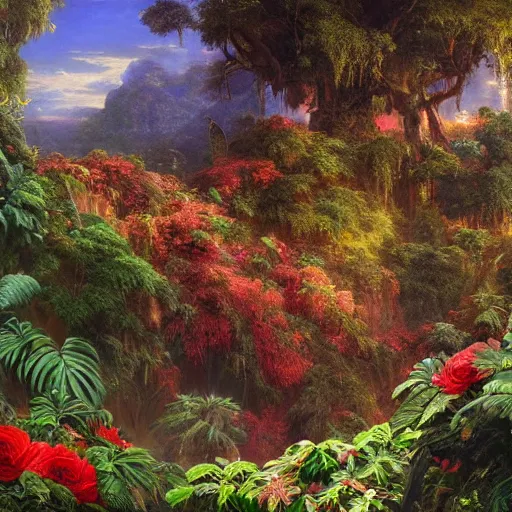 Prompt: vivid jungle scene, floral, leaves, vines, flowers, intricate details, volumetric lighting, hd render, vivid colors, panorama, Artwork by Frederic Edwin church + Franklin Booth