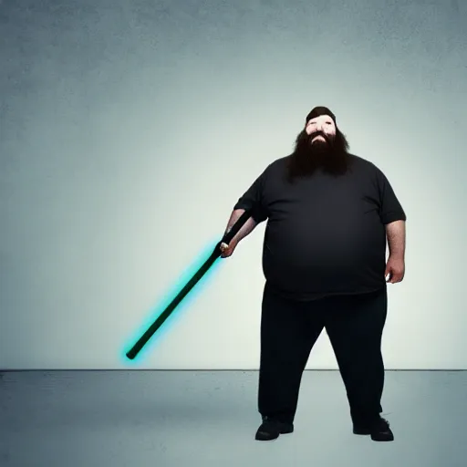 Prompt: an overweight man with beard holding a light saber menacingly