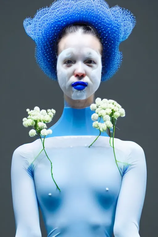 Prompt: symmetrical portrait of a woman wearing a blue embroidered translucent silicone mask and white frizzy hair buns, wearing a black bodysuit by alexander mcqueen, standing in a sterile room full of translucent silicone white flowers and plants, white background, soft diffused light, biotechnology, humanoide robot, futuristic aesthetic, translucent, ethereal, intricate details, highly detailed, masterpiece,