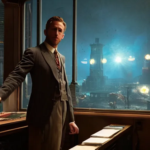 Image similar to a highly detailed cinematic photo from a live - action bioshock movie. andrew ryan, portrayed by ryan gosling, is shown standing in a 1 9 3 0's office with a large desk in front of a floor - to - ceiling window looking out onto the underwater city of rapture shining in the distance, several fish are shown outside of the window