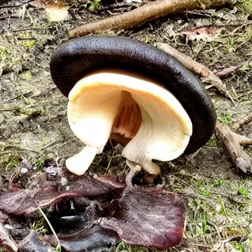 Image similar to real iphone photo of a carnivore mushroom with teeth, few insects corpses next to it