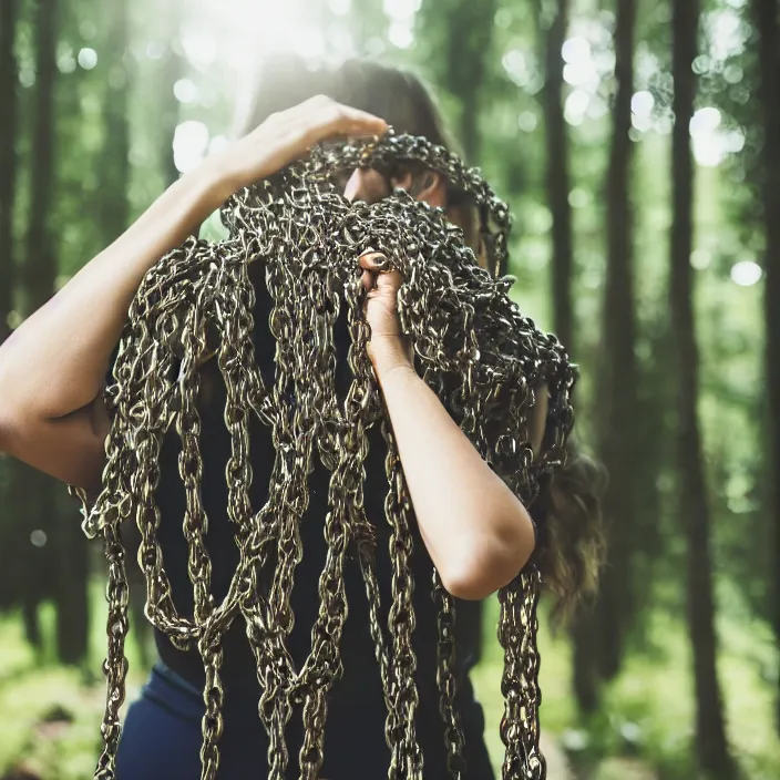 Image similar to a closeup of a woman carrying a pile of chains, in a forest, by Erik Almas, CANON Eos C300, ƒ1.8, 35mm, 8K, medium-format print