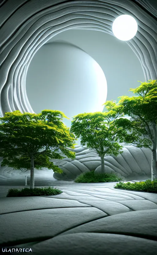 Image similar to highly detailed ultra sharp 3 d render cinematic composition of a smooth ceramic porcelain magnolia stone white fluid fractal sci - fi surreal architecture landscape, marble, magnesium, vining foliage blooms, archviz, vincent callebaut composition, mamou - mani, beautiful lighting, 8 k, unreal engine, hdr, dof