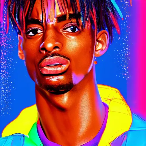 Image similar to playboi carti, photorealistic, detailed face, full body shot, 8 k, hd, neon colors, over saturated colors, wok, cluttered background with hype things, mumble,