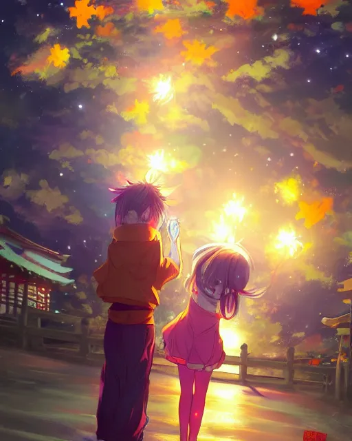 Prompt: beautiful anime painting of a boy and a girl from behind at a shinto shrine looking up at the night sky illuminated by colorful new years fireworks, by WLOP and Slawek Fedorczuk and rossdraws, trending on artstation, concept art