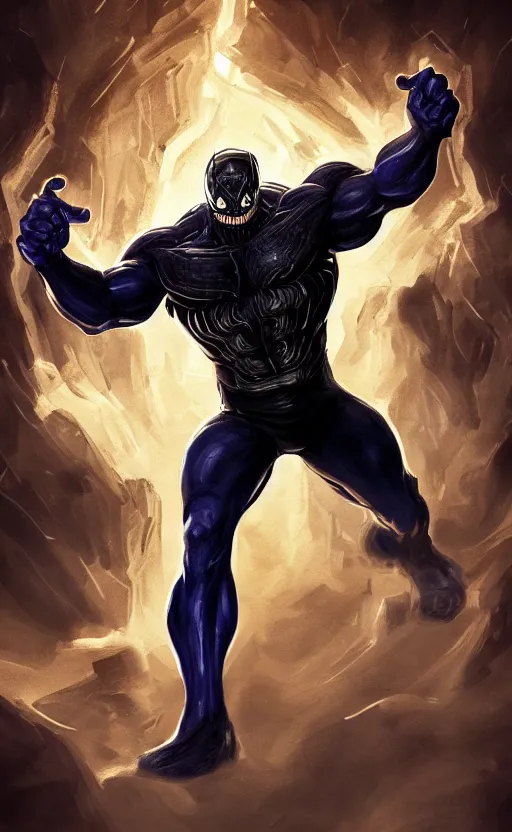 Image similar to full body portrait of venom as thanos, dynamic lighting, cinematic, ultra detailed, trending on art station, stunning visuals, creative, fantasy concept art