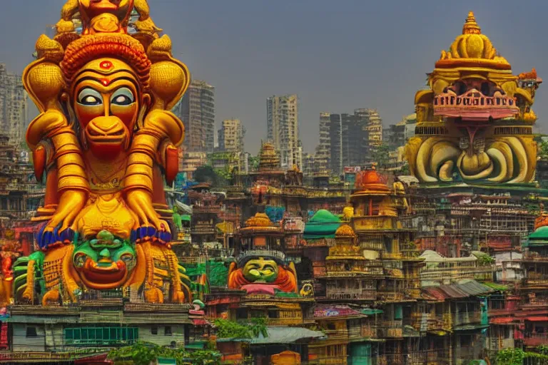 Prompt: high quality 3 d dreamscape! mumbai with biomorphic hanuman head building, kalighat highly detailed, cinematic smooth, stephen shore & john j. park, soft morning light, wide shot, high angle, uhd 8 k, deep focus