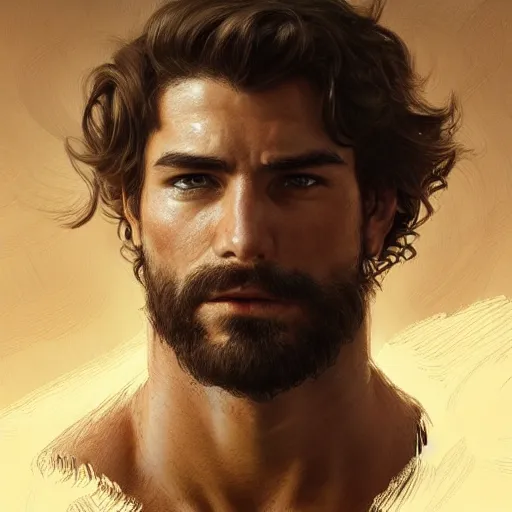 Prompt: portrait of a rugged ranger, 2 5 years old, muscular, upper body, face, hairy torso, d & d, fantasy, intricate, elegant, highly detailed, digital painting, artstation, concept art, smooth, sharp focus, illustration, art by artgerm and greg rutkowski and alphonse mucha