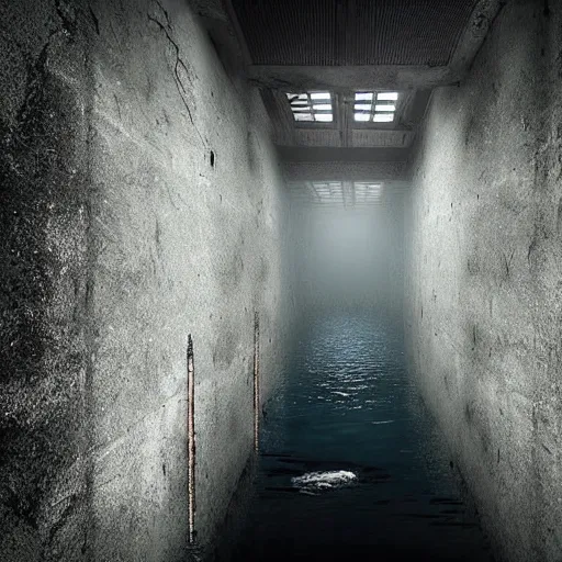Prompt: trapped in a concrete room with a monster half submerged, pov underwater, waterfalls from sewer pipes, thalassophobia, dark yellowish water, showing anger, pale skin, dark foggy water, dark, dramatic,'silent hill ', terrifying, horror, fear, big eyes, alluring, cinematic