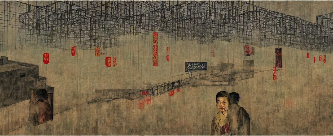 Image similar to a chinese prison near a river by peter doig, 4 k, muted colors, overlaid with chinese adverts