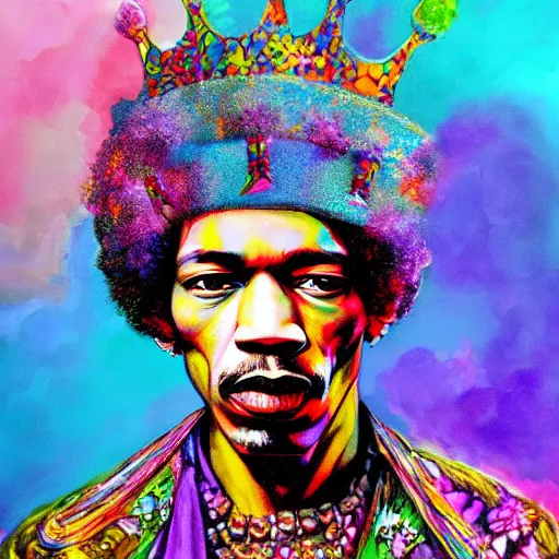 Image similar to An extremely psychedelic portrait of Jimi Hendrix wearing a crown, surreal, LSD, face, detailed, intricate, elegant, lithe, highly detailed, digital painting, artstation, concept art, smooth, sharp focus, illustration