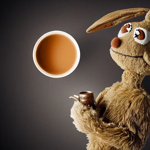 Prompt: a huggable brown rabbit muppet monk wearing a wolf skull as a mask and dat beside a cup of tea, photorealistic, nature, photography, national geographic, sesame street