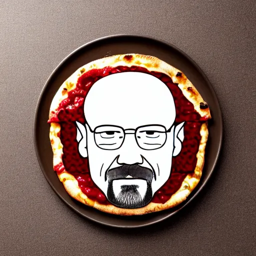 Image similar to a photo of a walter white face in a pizza, food photo, professional food photo, iphone, 4 k