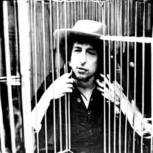 Image similar to bob dylan in a small cage, surrounded by other caged animals, photograph