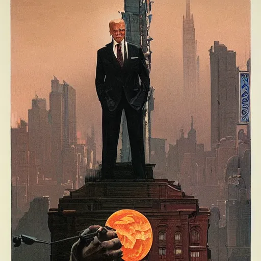 Image similar to immense, majestic, surreal, terrifying joe biden crushing buildings under his heel in streets of art deco city, perfectly clear face, by j. c. leyendecker and beksinski