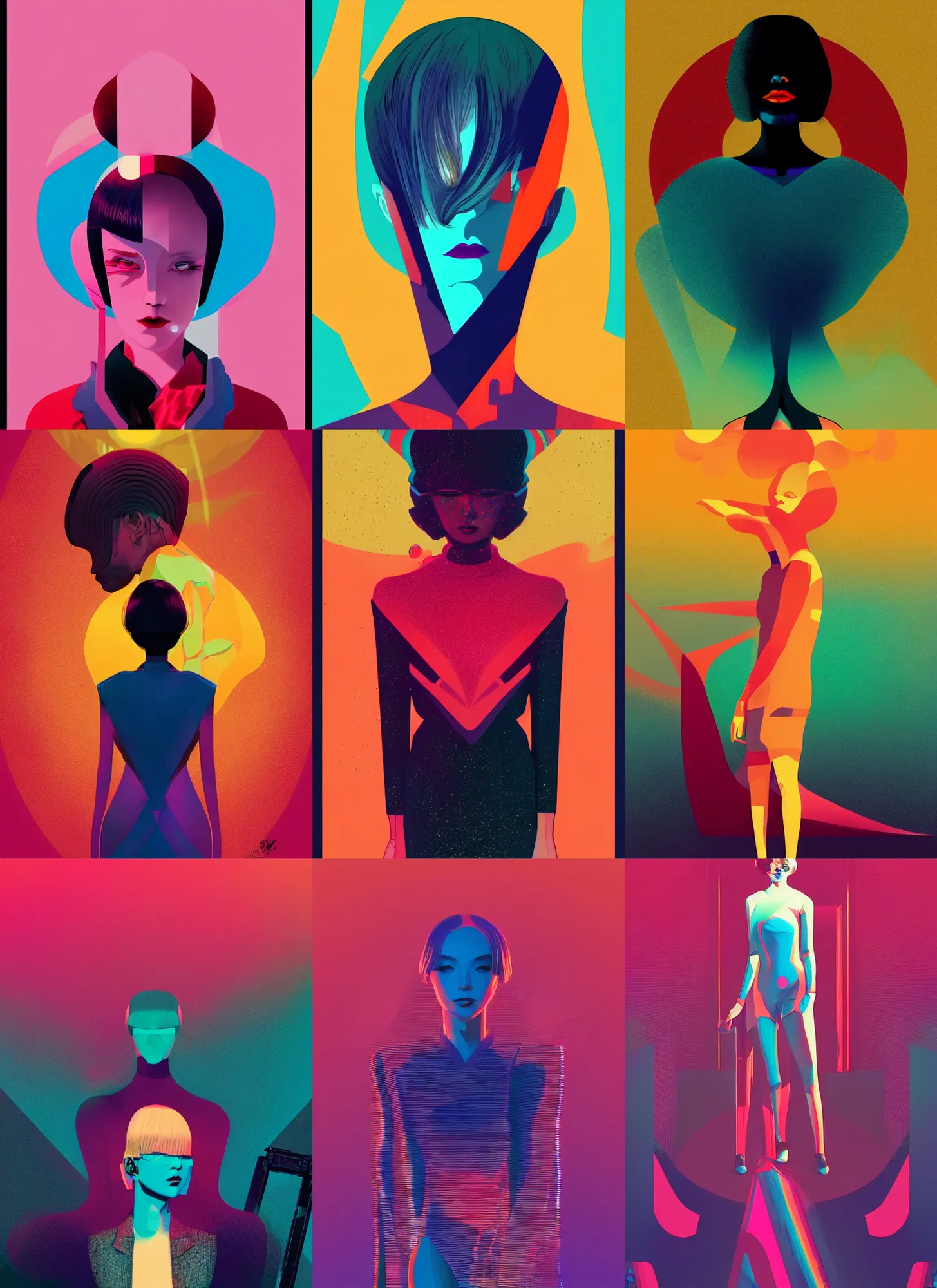 Prompt: ( ( strong dither ) ), editorial illustration portrait a woman like reol, modern art deco, dynamic pose, colorful, ( ( mads berg ) ), christopher balaskas, victo ngai, detailed, dynamic composition, wide angle, moebius, matte print, volumetric, halftone texture, risograph