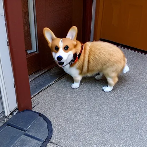 Image similar to front door security camera footage of a corgi mistaken as a delivery package