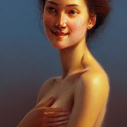 Image similar to Facial portrait of a cute shy woman, looking at the camera, slight awkward smile, lips slightly parted, no hands visible,, intricate, extremely detailed painting by Greg Rutkowski and by Henry Justice Ford and by Jean Giraud, golden hour